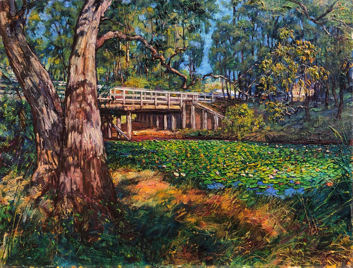 The Margaret River Water Lily Pool and the Margaret River Town Bridge by Ken Rasmussen - Oil on Board Painting