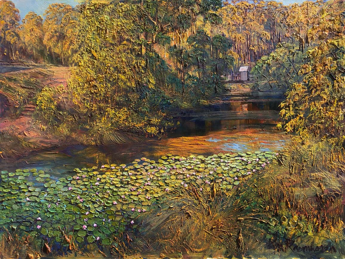 The Margaret River Water Lily Pool Afternoon by Ken Rasmussen - Oil on Board Painting