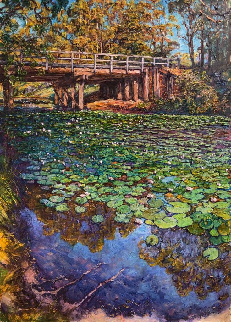 The Water Lilies Beneath The Margaret River Town Bridge by Ken Rasmussen - Oil on Board Painting
