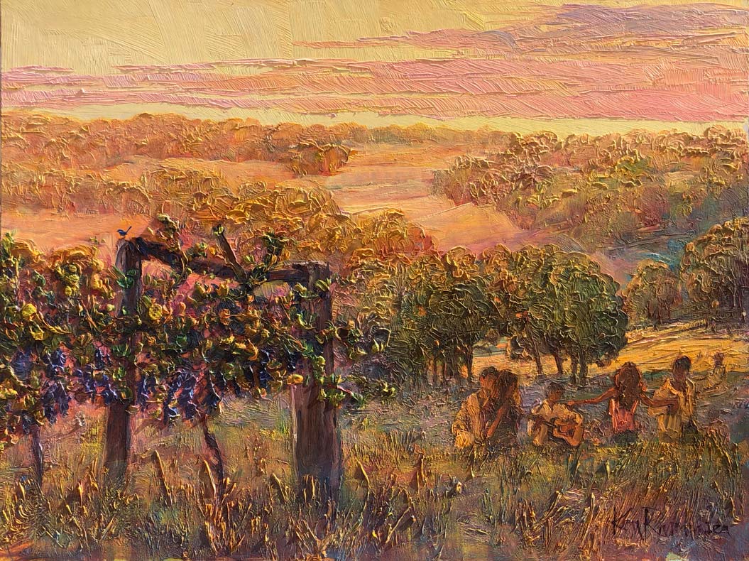 Margaret River Grape Pickers by Ken Rasmussen - Oil on Board Painting