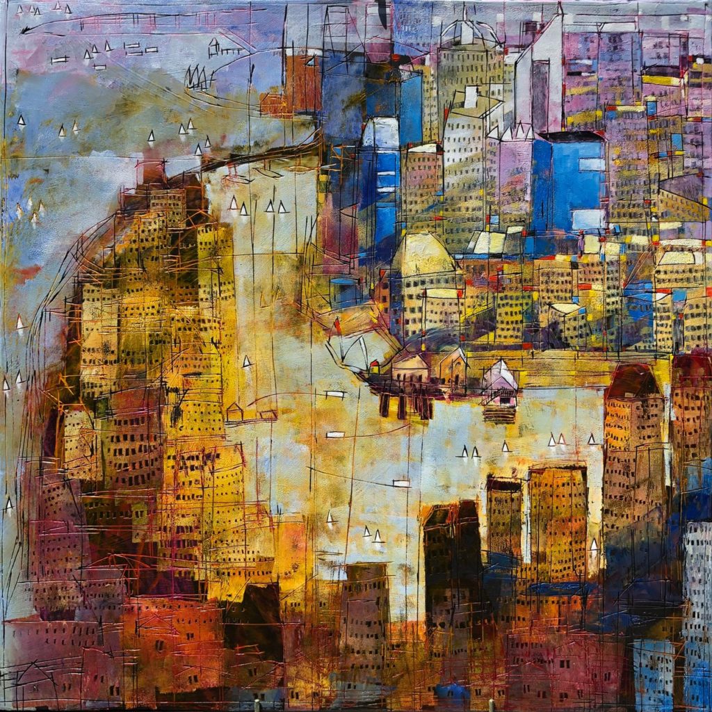 Two Cities Dawn by Ken Rasmussen. Oil on canvas painting