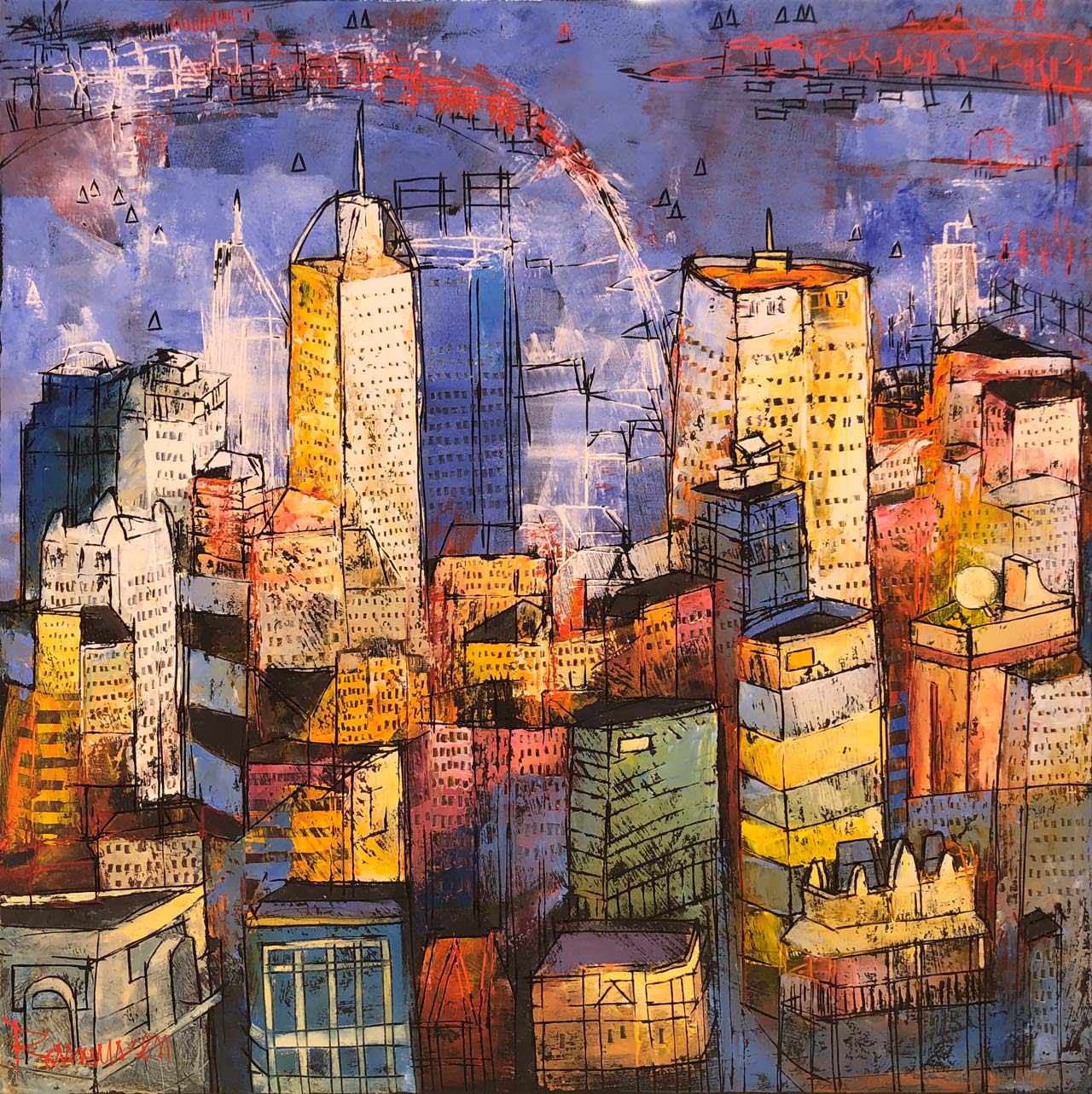 City Towers On The River by Ken Rasmussen Oil on Linen 61x61cm