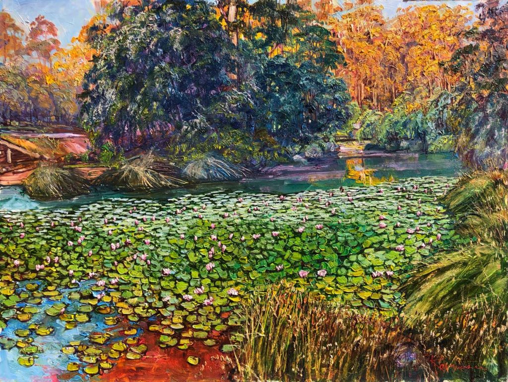 The Margaret River Water Lily Pool by Ken Rasmussen - Oil on Board Painting