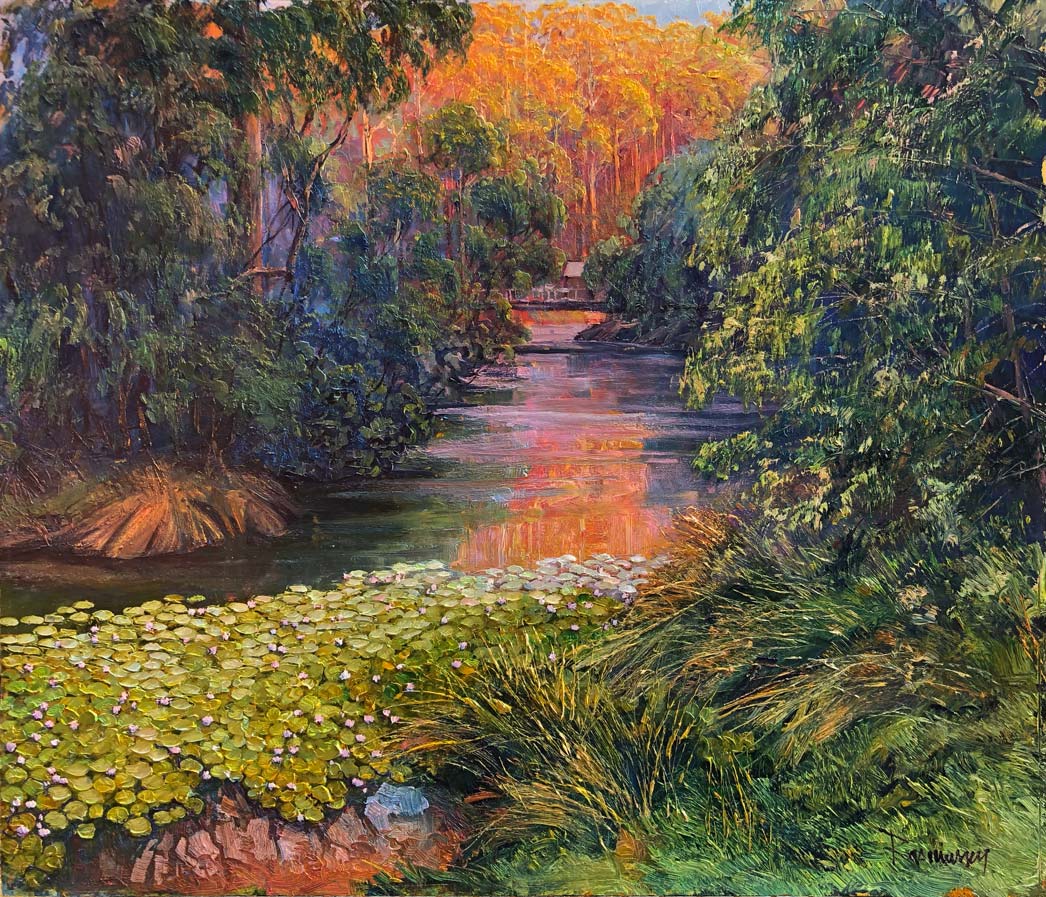 The Margaret River Water Lily Pool at Sunset by Ken Rasmussen - Oil on Board Painting