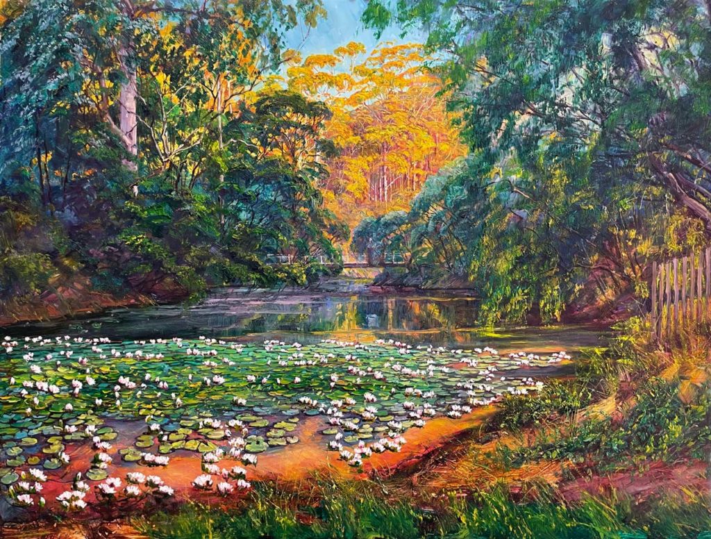 Golden Margaret River Water Lily Pool, oil painting by Ken Rasmussen