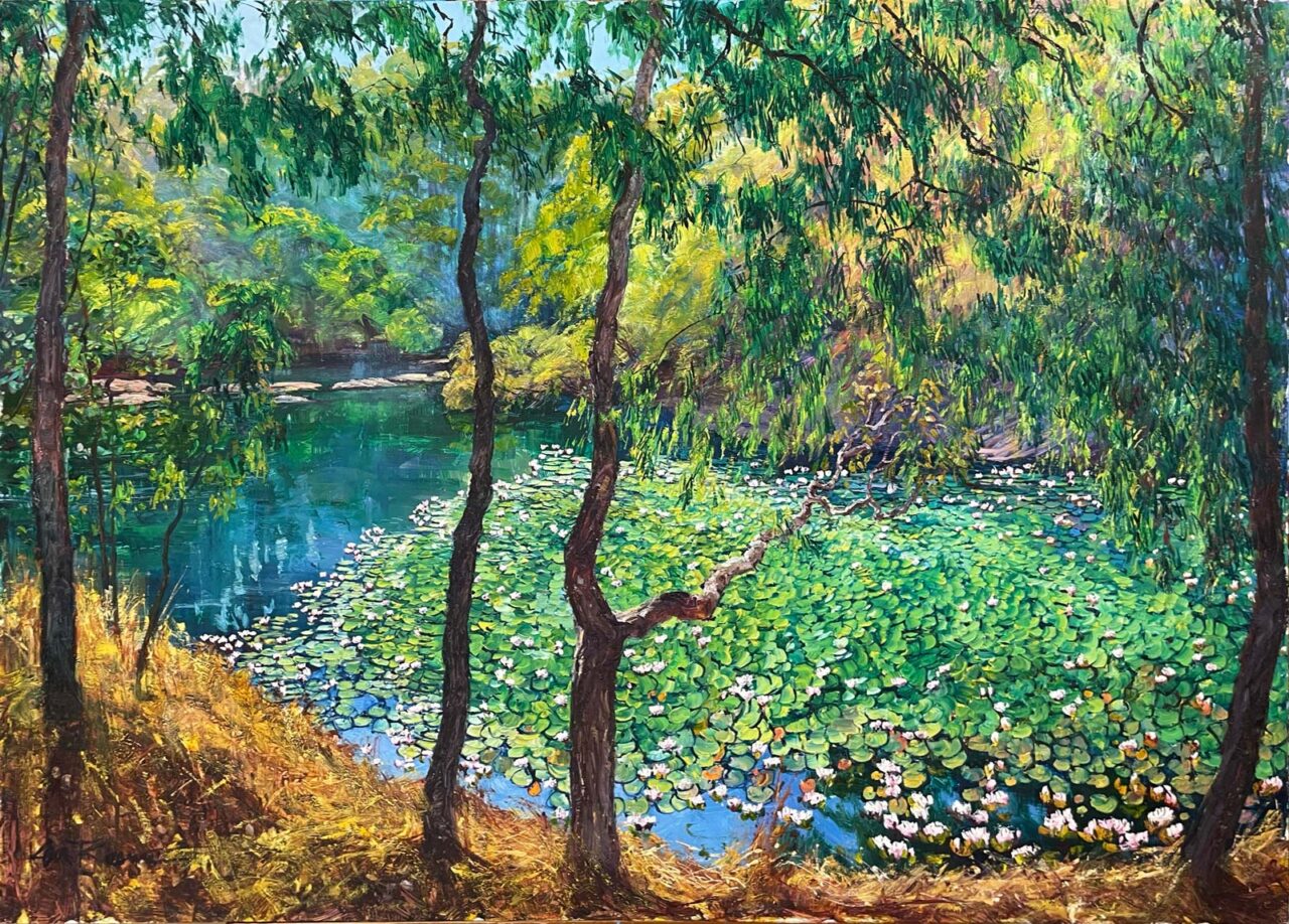 The Water Lilies Beneath The Margaret River Bridge, an oil painting by Ken Rasmussen