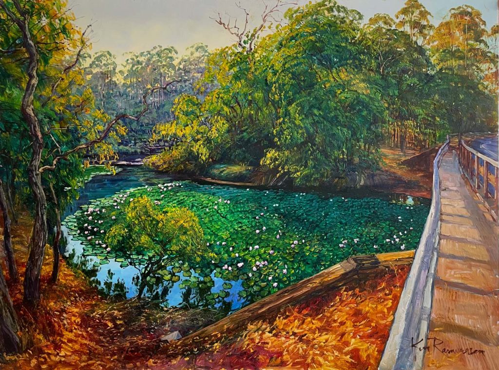 Margaret River Water Lily Pool from the Bridge, oil painting by Ken Rasmussen