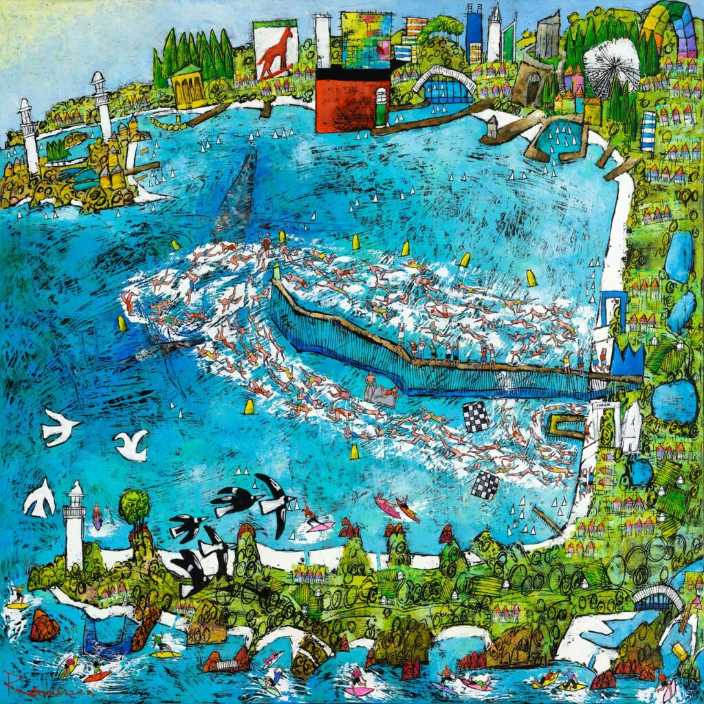 The Busselton Jetty Swim, an oil painting by Ken Rasmussen