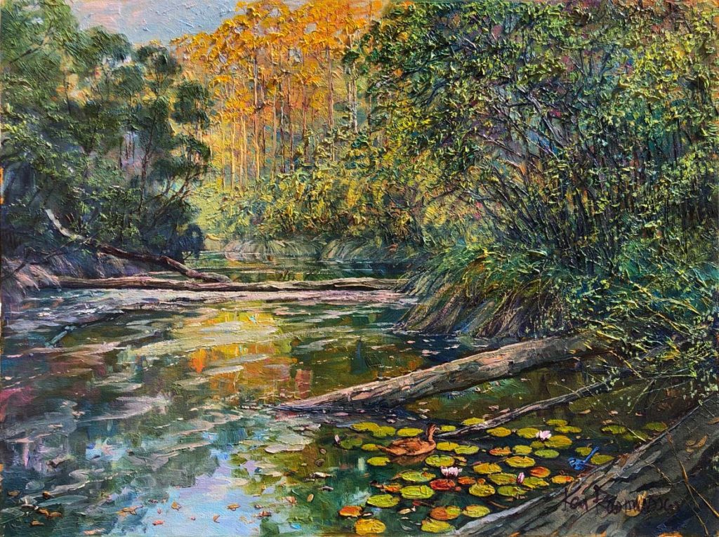 The Margaret River at The Town Bridge by Ken Rasmussen - Oil on Board Painting