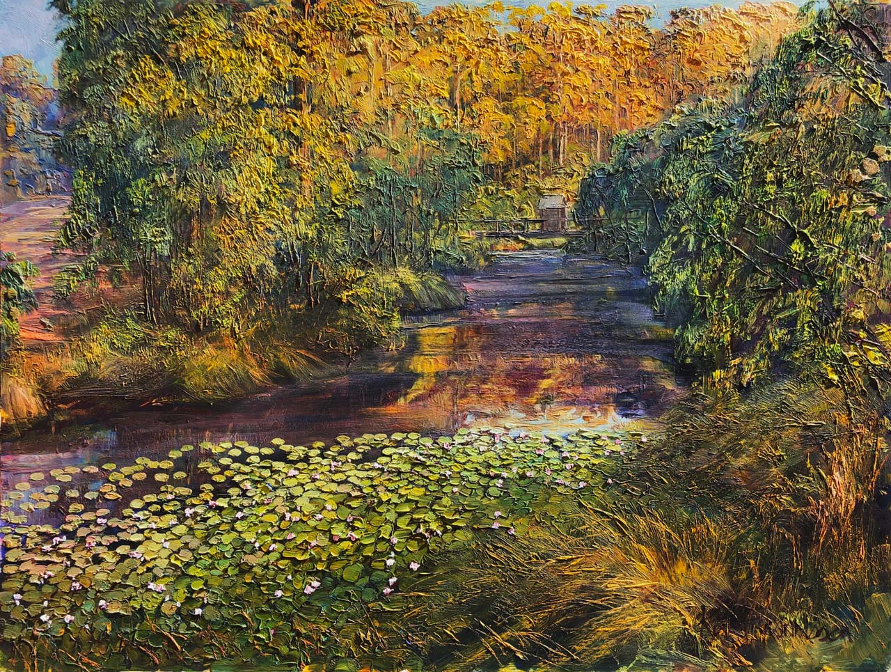 The Margaret River Water Lily Pool at Dawn by Ken Rasmussen - Oil on Board Painting