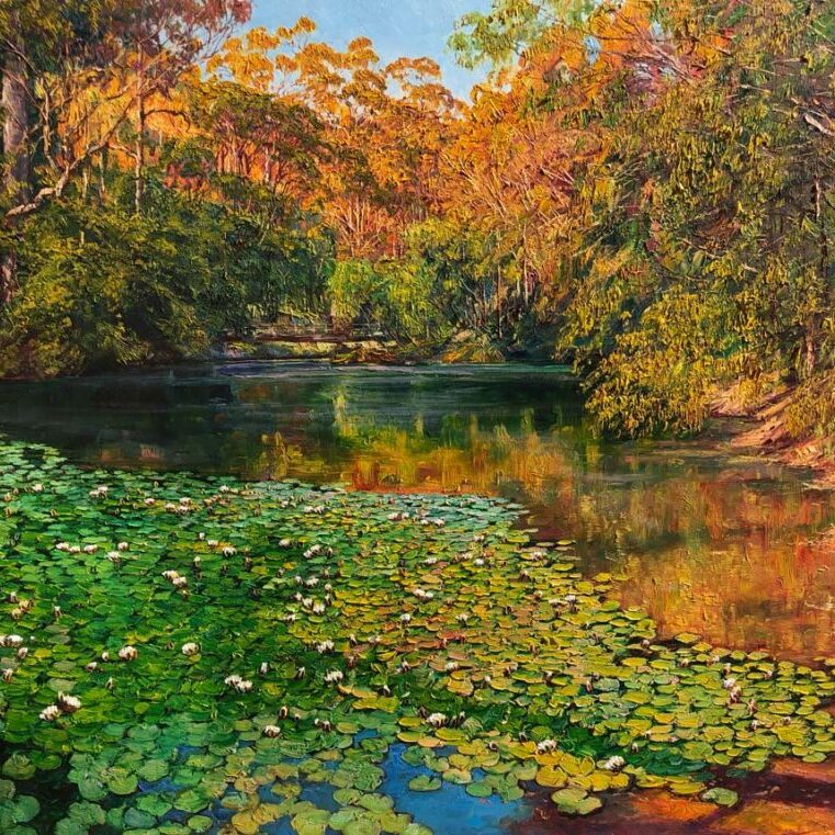 The Margaret River Water Lily Pool Afternoon by Ken Rasmussen - Oil on Board Painting